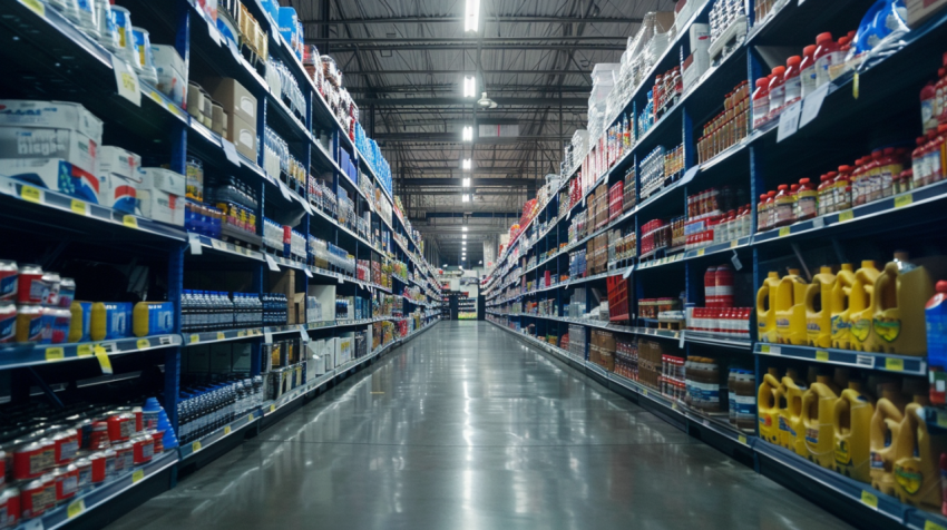 Aisle of massive wholesale supermarket