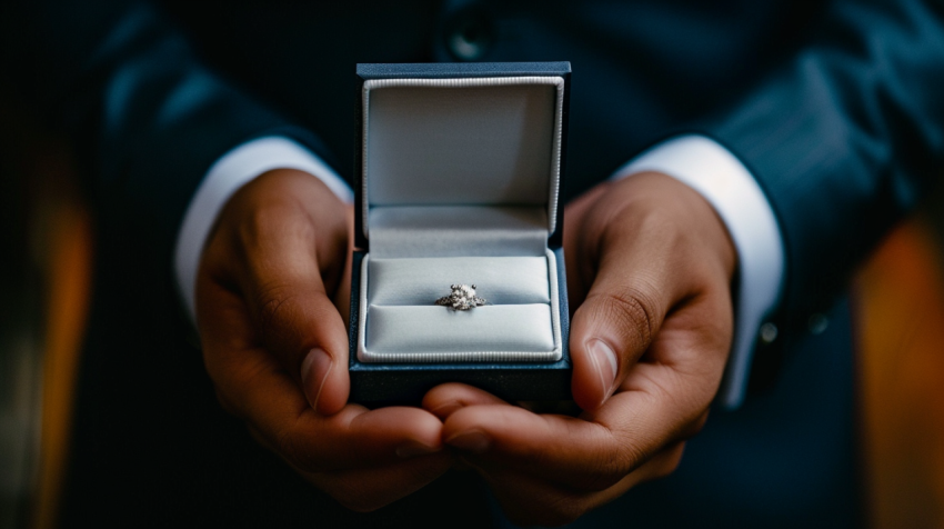 Close up of mans hand holding open box with engagement