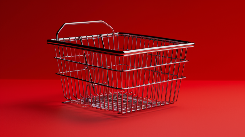 Steel wire shopping basket on a red background