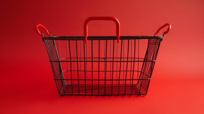 Steel wire shopping basket on a red background