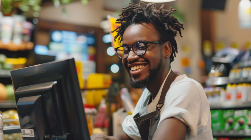 Happy African American cashier working on the cash register