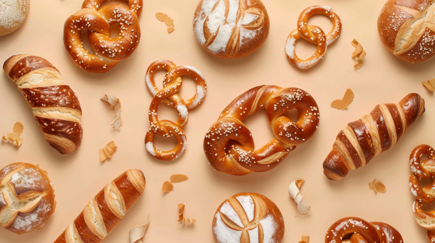 Salty German pretzels Pattern of various bakery product