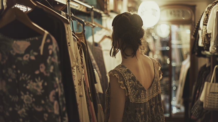 Woman looking at dress hanging on rack while standing