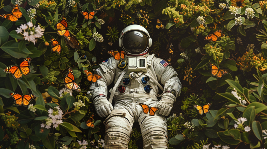 An astronaut in full suit surrounded by monarch butter