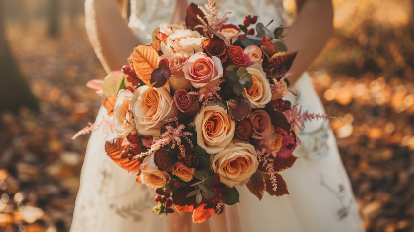 Photo of a beautiful bouquet of roses and oak leaves