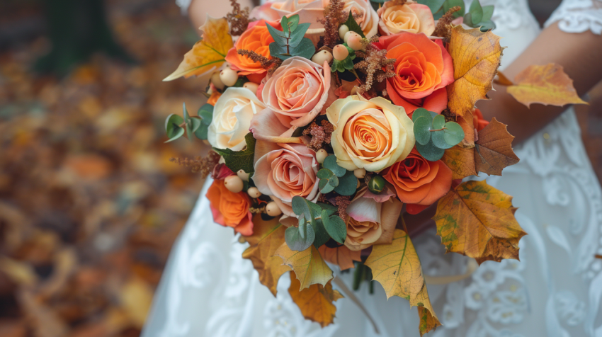 Photo of a beautiful bouquet of roses and oak leaves