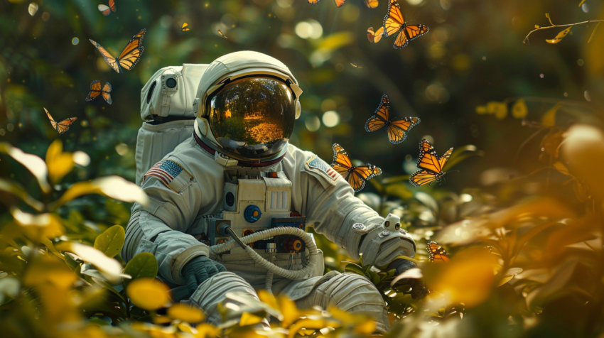 An astronaut in full suit surrounded by monarch butter