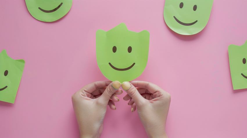 Hand choose green paper cut happy smiling face on pink background