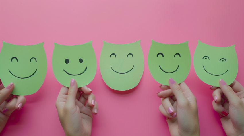 Hand choose green paper cut happy smiling face on pink background