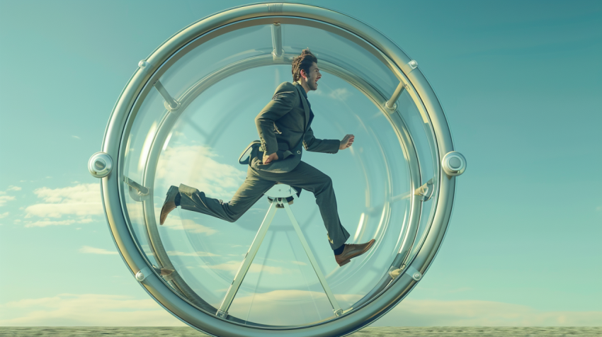 A man in a suit runs in a hamster wheel