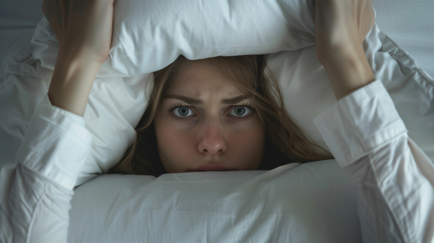 A young unrecognizable woman hides under a pillow