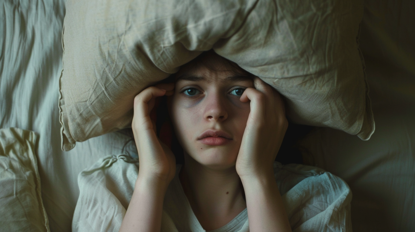 A young unrecognizable woman hides under a pillow