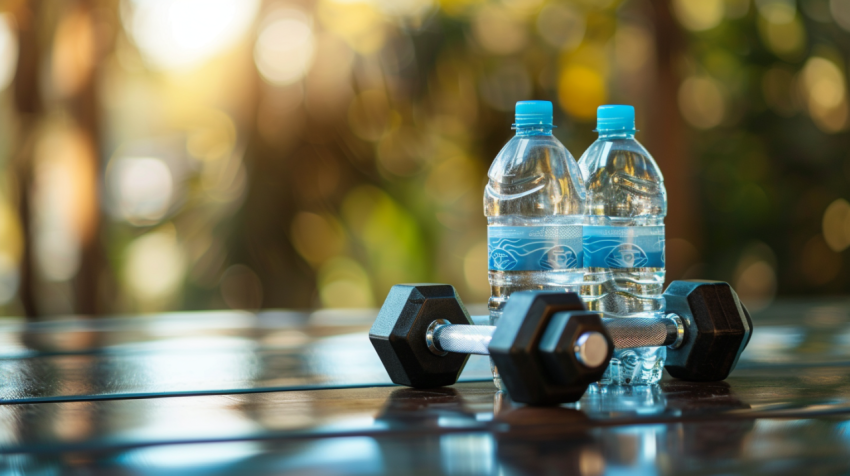 Fitness concept with dumbbells and water bottle