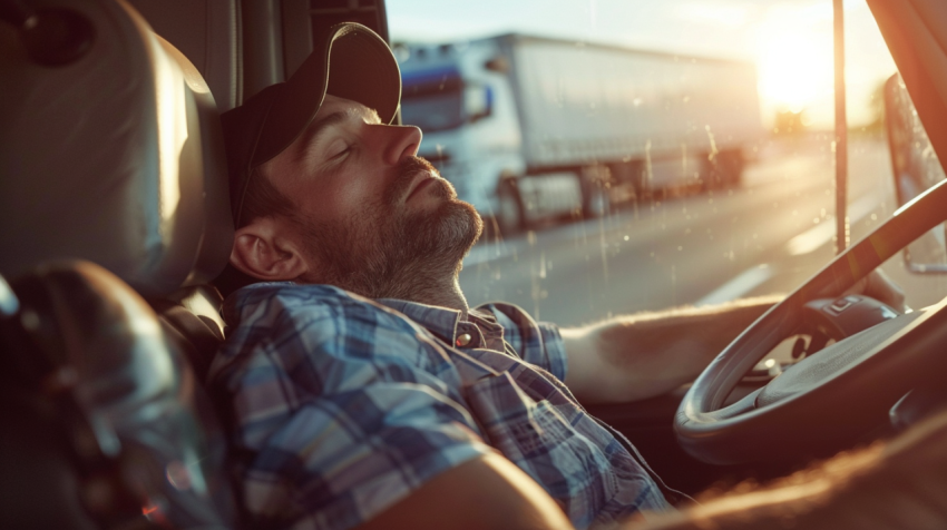 Exhausted truck driver falling asleep on steering wheel
