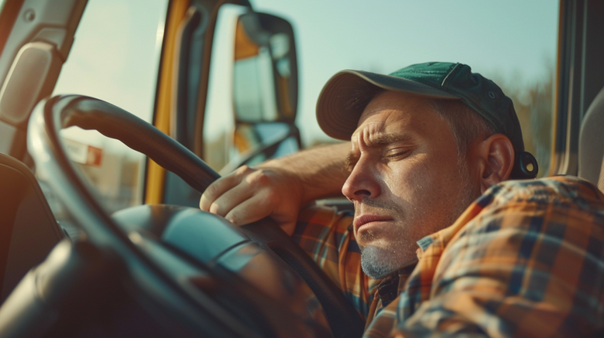 Exhausted truck driver falling asleep on steering wheel