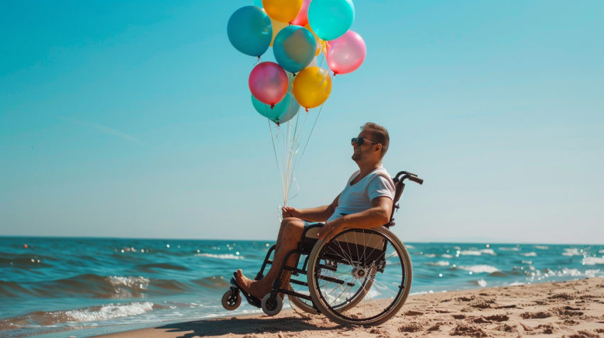 Handicapped man on a wheelchair with colored balloons