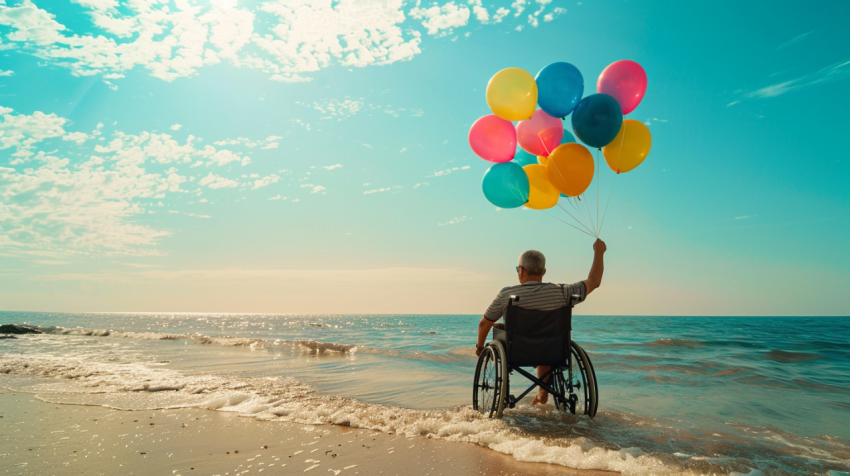 Handicapped man on a wheelchair with colored balloons