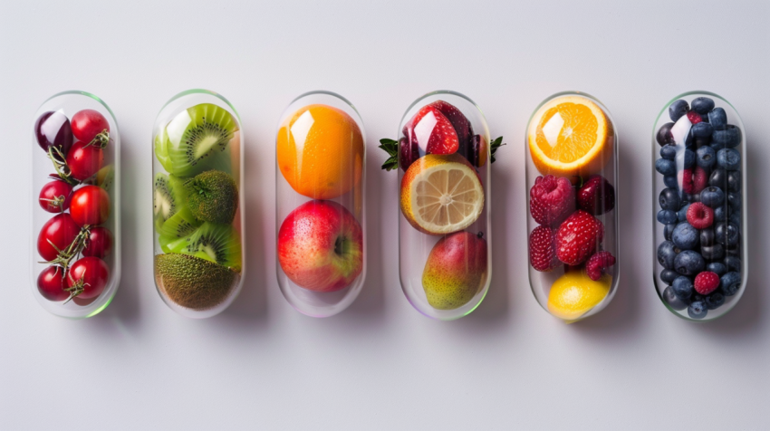 Different fruit in capsule   healthy diet concept