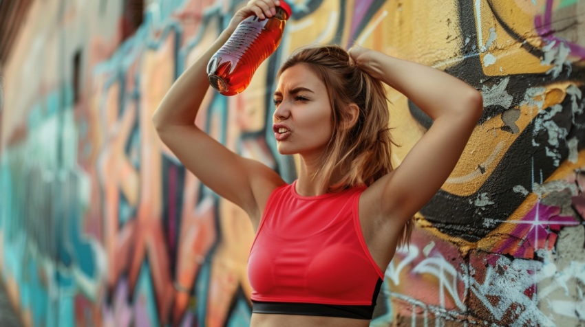 Fit young woman fighting off soda and junk food