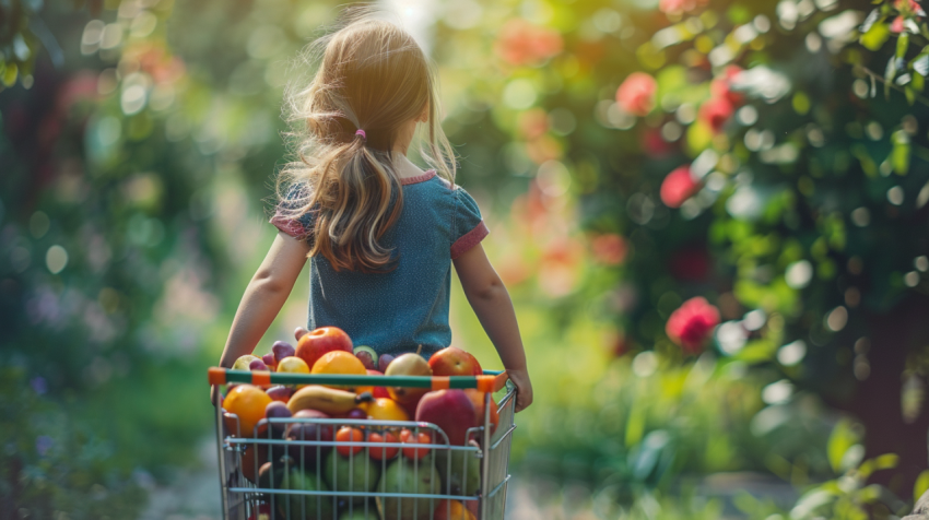 Girl pushing shopping cart full of fresh fruit