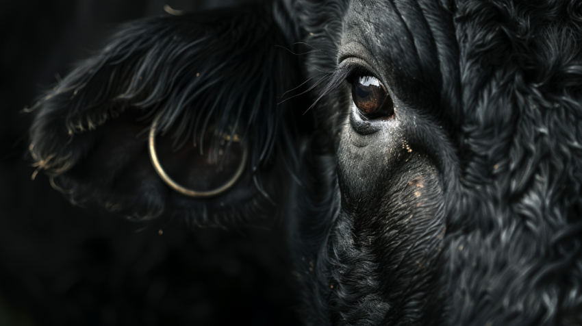 Bull emerging from darkness ring through nose close up 1712308317 1