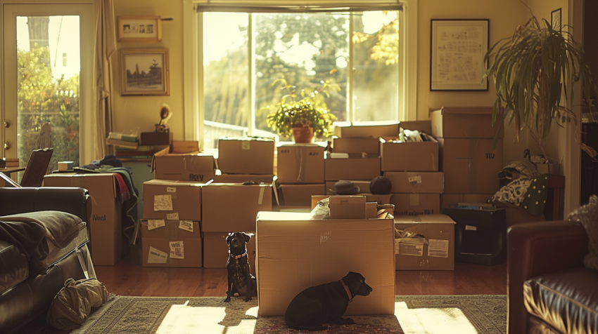 A sunny living room with many cardboard boxes filled w 1712310132 2