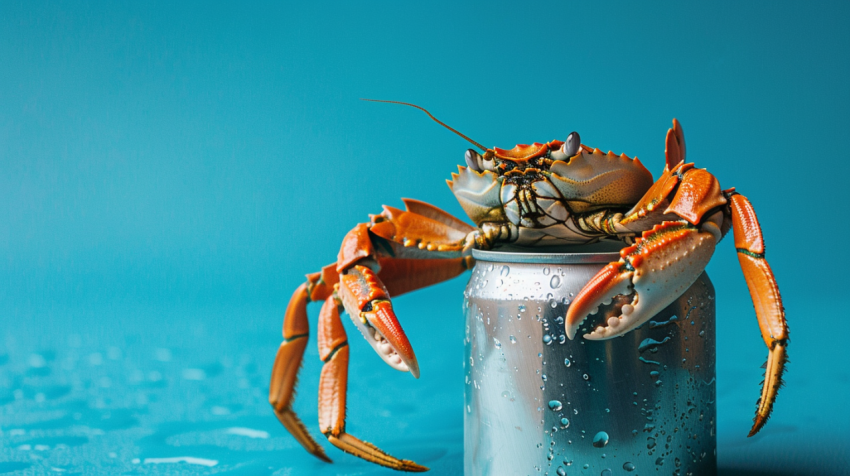 Combination of a can and a crab on a bright blue backg 1712304381 3