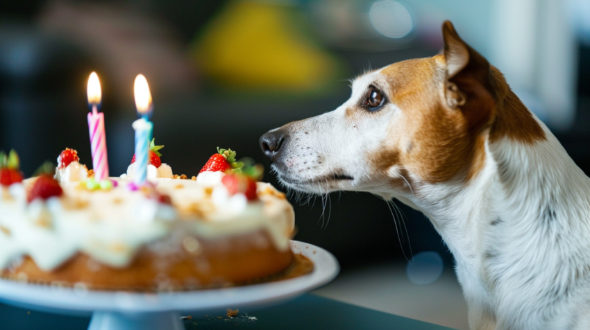Dog eyeing up a Birthday Cake 1