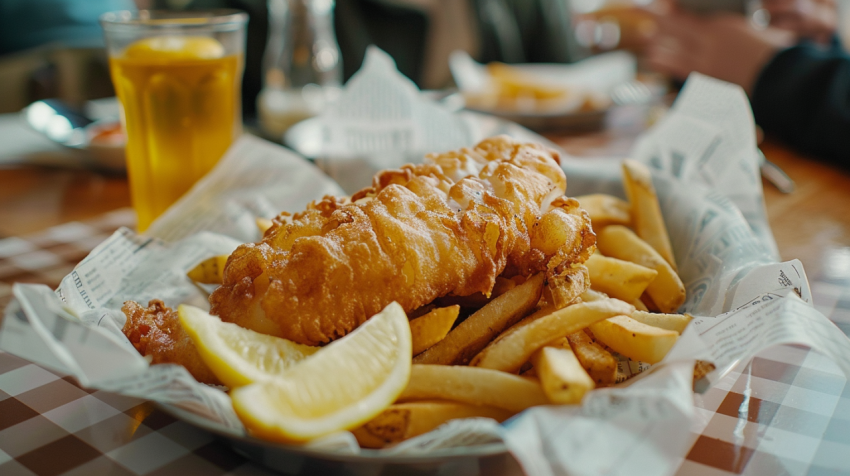 Fresh fish and chips sit on paper grease evident on a  1712304822 1