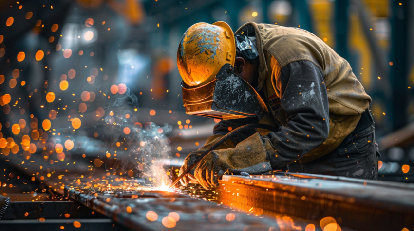 A steel worker welds two pieces of metal in the constr 1712324353 3