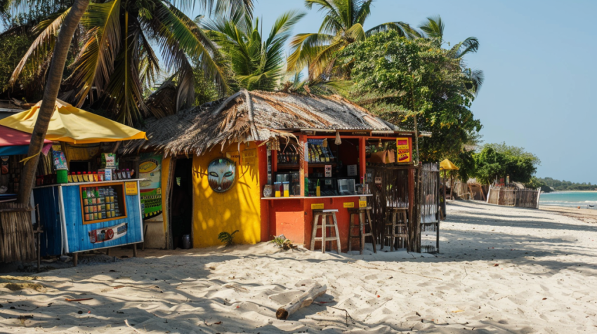 Juice bar kiosks on sandy beach of Bijilo 4