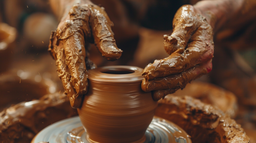 Close up of wet and dirty hands of craftsman throwing