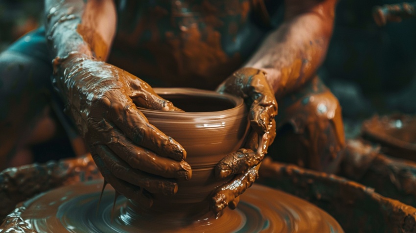 Close up of wet and dirty hands of craftsman throwing