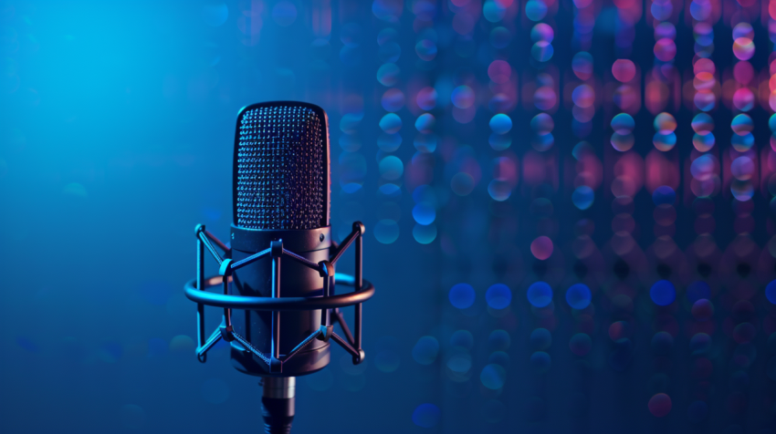 Professional microphone with waveform on blue background