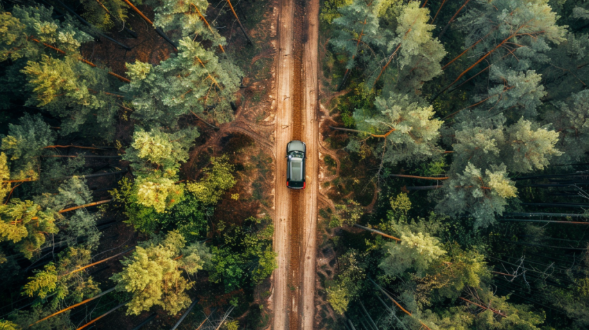 Aerial view of a car on dirt road in the forest Sofia  1712396660 2