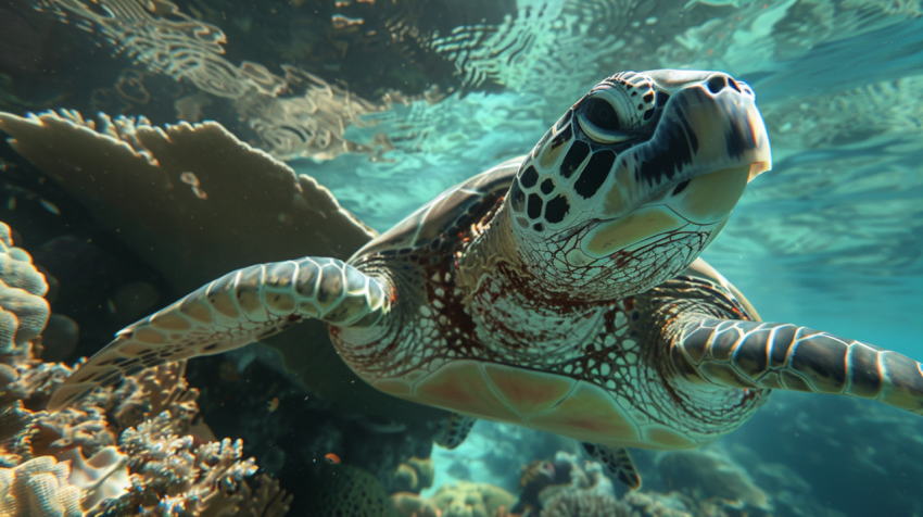 Close up of sea turtle swimming underwater over coral  1712377795 3