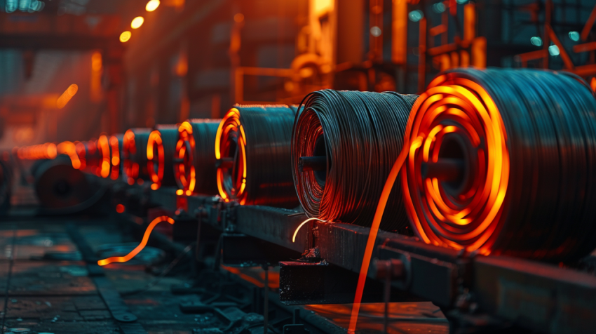 Coils of red hot steel rod at a factory 1