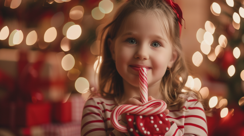 Cute little girl holding a Christmas sweet at home 3