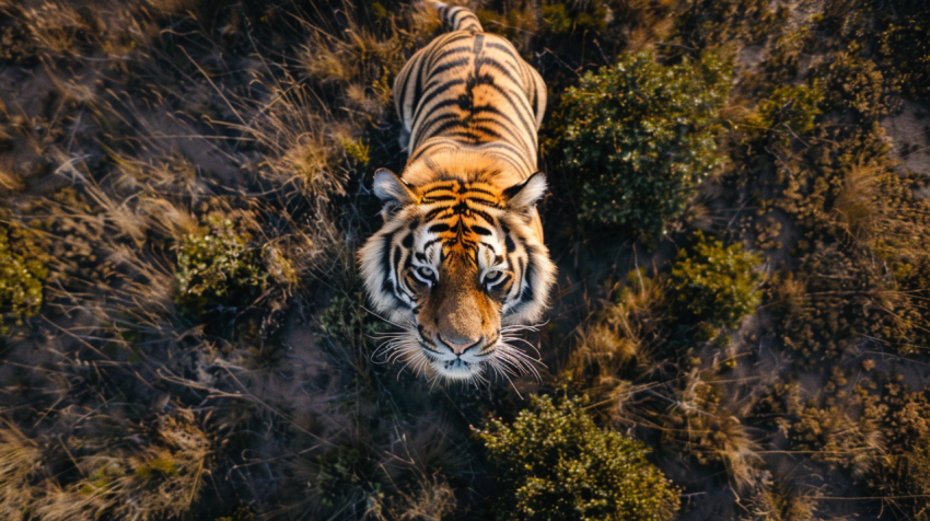 Drone image looking down on a tiger Tiger Canyon Priva 1712418999 4