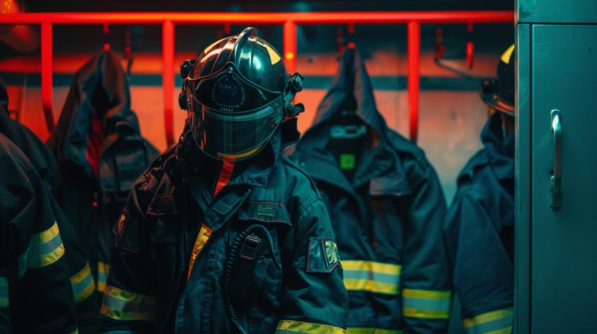 Helmet and firefighter protection clothes hanging in t 1712353592 1