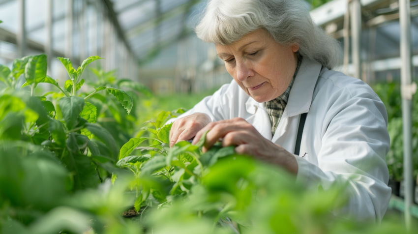 Senior woman analyzing plants in greenhouse 2