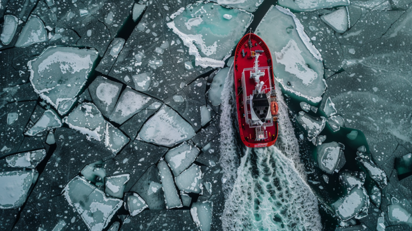 Wintery top down aerial view of red ice breaker pushin 1712374232 2