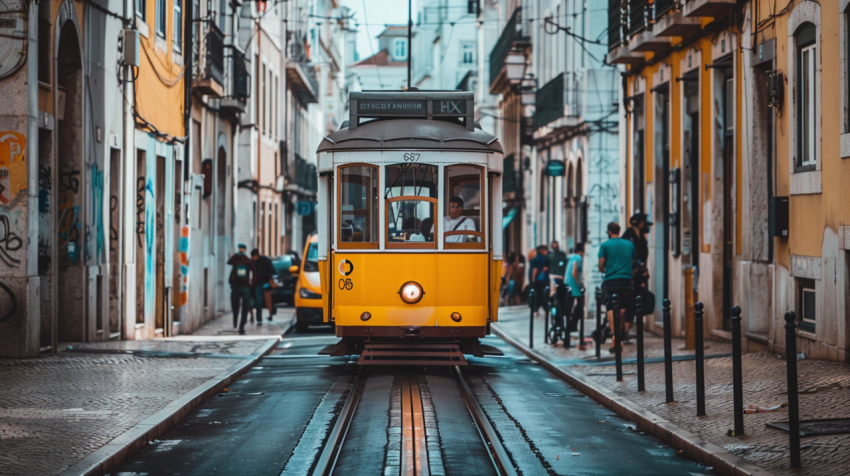 Yellow vintage tram on the street in Lisbon Portugal 4