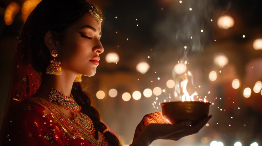 Young Indian woman celebrating Karva Chauth at night 4