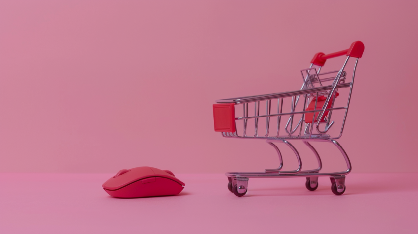 Still life of a small shopping cart and red computer m 1712446178 4
