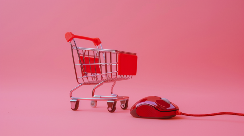 Still life of a small shopping cart and red computer m 1712446178 3
