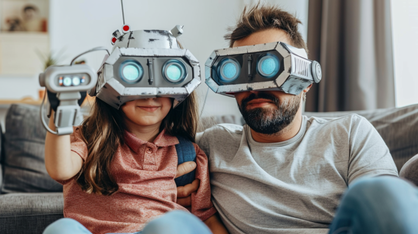 Father and daughter wearing robot costumes at home 2