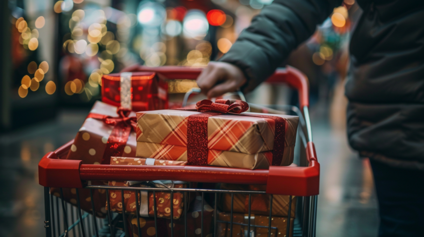 Man pushing supermarket trolley full of Christmas pres 1712446440 3