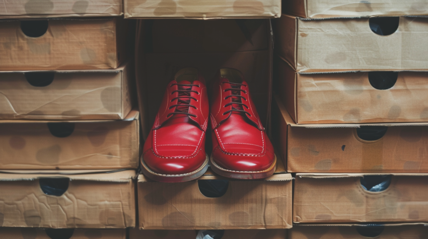 Single pair of red shoes on top of shoe boxes 3