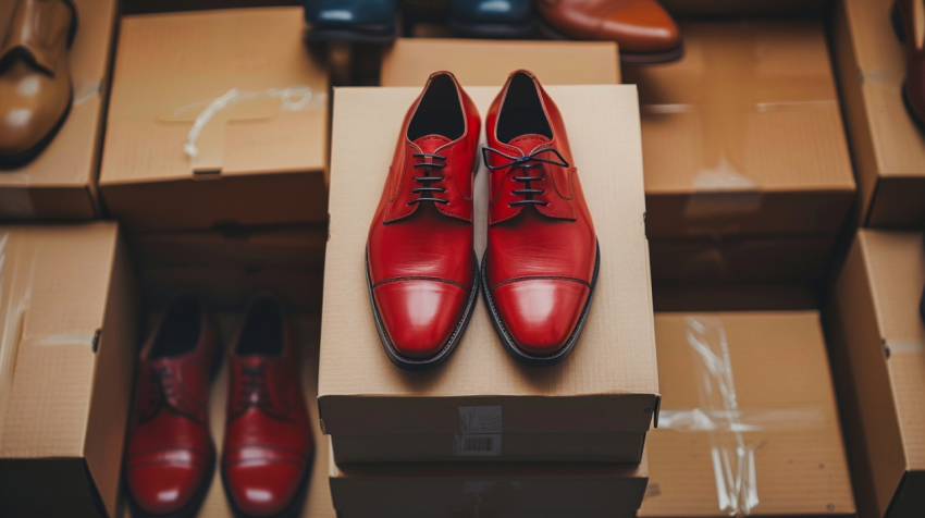 Single pair of red shoes on top of shoe boxes 2